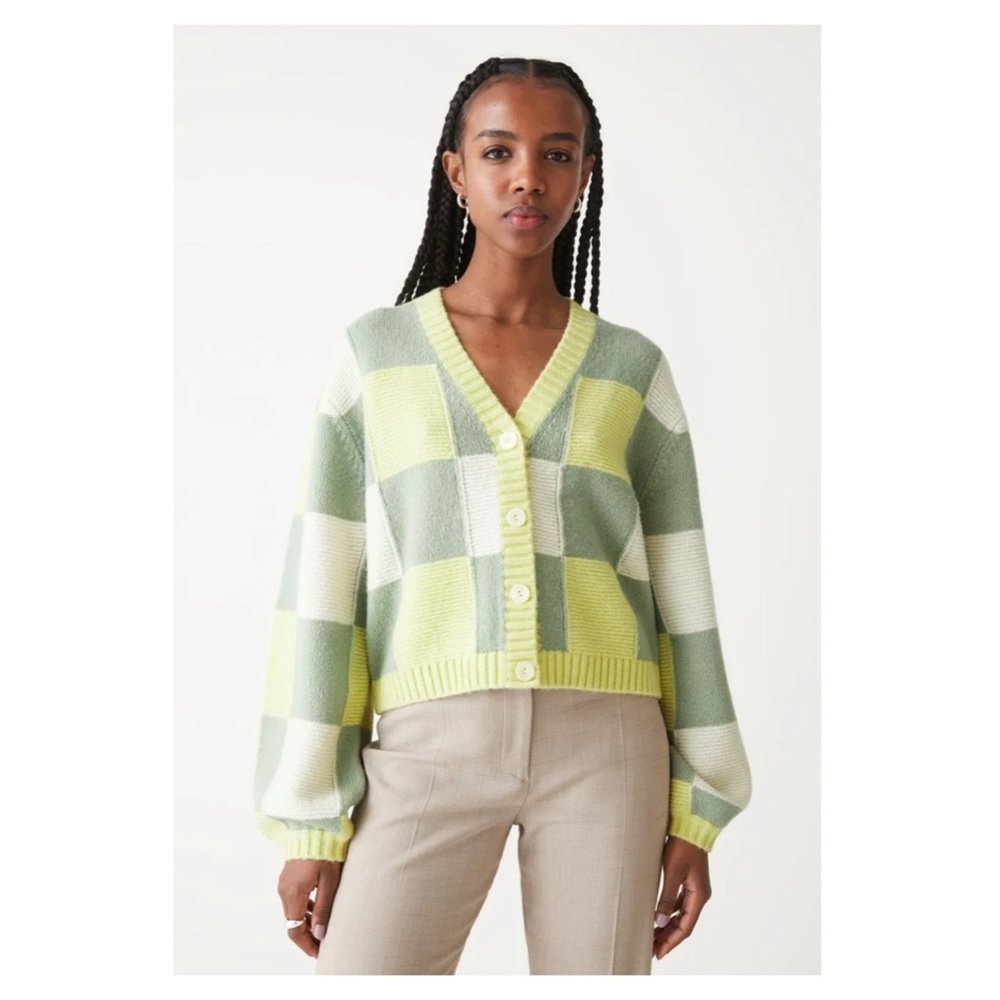 & Other Stories Medium Yellow and Grey Colour Block Knit Cardigan